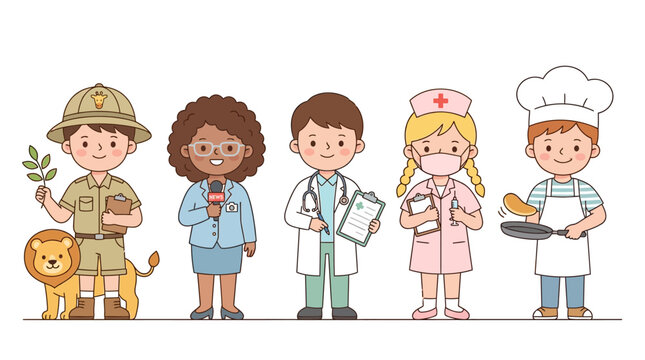 Diverse group of children dressed as various professionals including a gardener a scientist a doctor a nurse and a chef