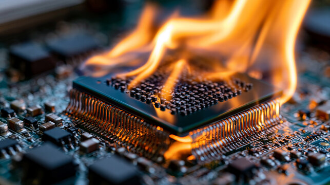 Macro photograph of a processor chip on a circuit board engulfed in flames, glowing orange fire reflecting across metallic contacts, damaged motherboard components illustrating overheating and elect