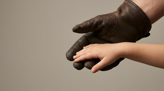 Leather glove worn by an adult holding a small child hand against a neutral studio background in soft lighting