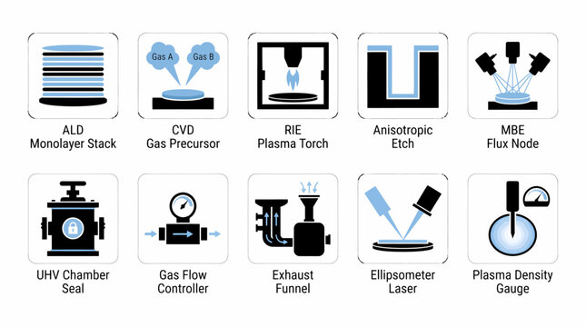 set of vector icons depicting various chemical processing and industrial equipment, including ALD monolayer stack, CVD gas precursor, RIE plasma torch, and more.