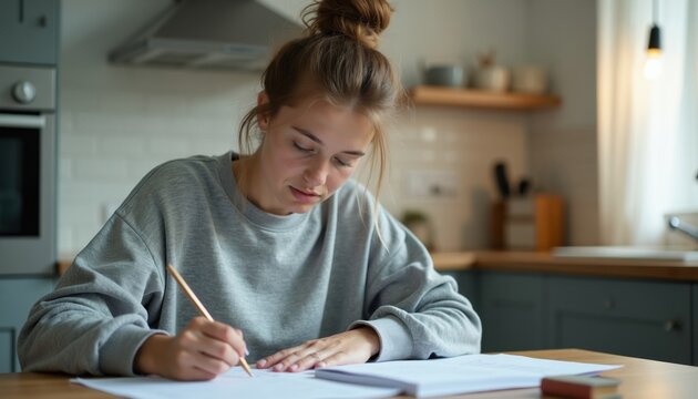 Tired young woman sits at kitchen table with papers. Studies hard late at home holding pencil writing notes. Female student feels exhausted during night exam preparation. Busy girl works on