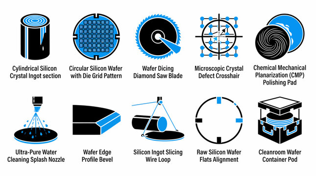 collection of vector icons illustrating various stages and tools in the silicon wafer fabrication process, including crystal ingot sections, wafer dicing, and cleaning.