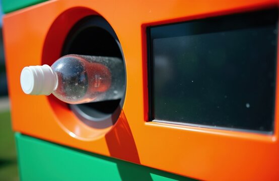 Used plastic bottle stuck in orange automated recycling machine inlet. Person tries refund system fraud by inserting container into damaged deposit station. Equipment fails to process empty waste