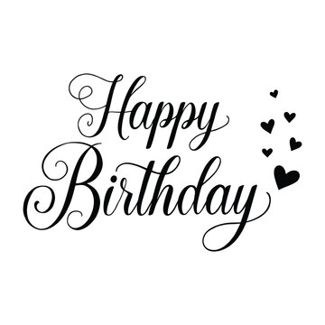 Happy birthday calligraphy with heart shapes on a white background