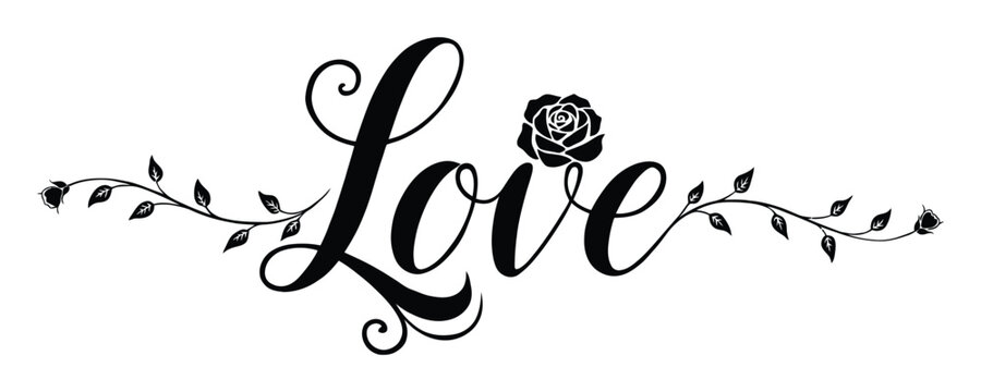 Love Typography With Floral Ornament Black Silhouette Design