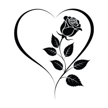 Rose And Heart Shape Silhouette On White Background