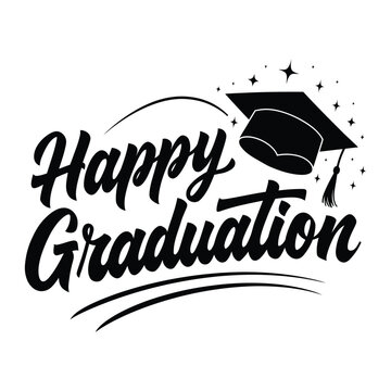 Graduation cap and lettering black vector illustration with sparkle accents