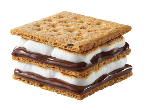 Classic s&rsquo;mores with graham crackers, toasted marshmallows, and melted chocolate, isolated on a white background.