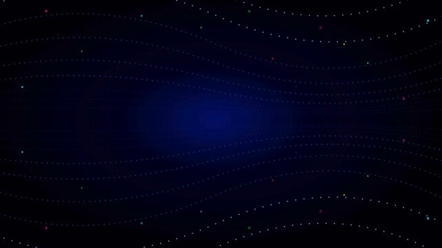 Abstract dynamic flow of colorful particle dots on dark blue background wave