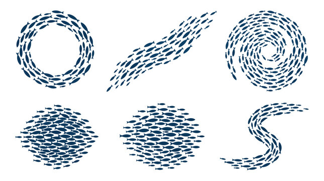 Set of fish schools, shoals of fish swimming in different shapes