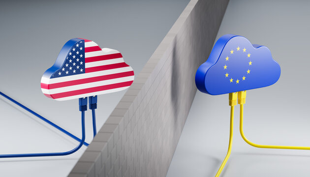 European Cloud initiative concept. A cloud with a Euopean flag overlay and a cloud with American flag separated by a wall or firewall. Ethernet cables going in and out. Cloud computing in Europe