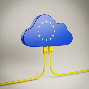 European Cloud initiative concept. A cloud with a Euopean flag overlay and ethernet cables going in and out hovering over a neutral background. Cloud computing in Europe