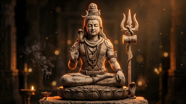 Ultra realistic cinematic portrait of a masterfully sculpted stone statue of Lord Shiva seated peacefully in a sacred lotus meditation pose holding the divine Trishula beside him exquisitely carved we