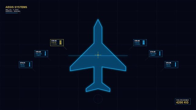 Digital military jet fighter radar interface showing weapon payload status