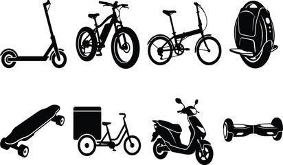 Personal Electric Vehicles and Micro Mobility Silhouette Set Featuring Scooter Bicycle and Hoverboard © MdShoriful