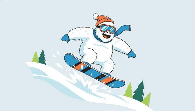 Cute white yeti monster snowboarding down a snowy mountain slope wearing winter sports gear under a blue sky.