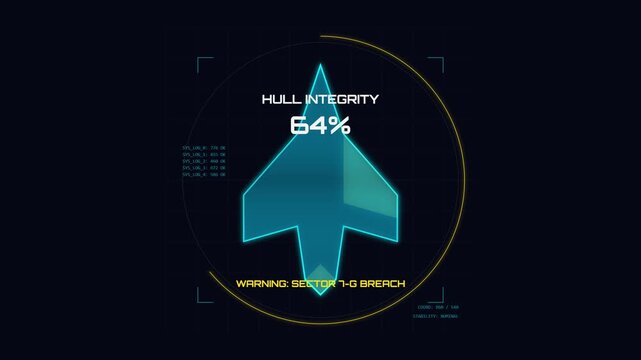 Futuristic HUD Display Showing Spaceship Hull Integrity Status and Warning
