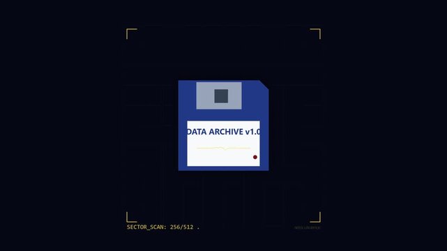 Retro floppy disk icon scanning data in a digital interface grid