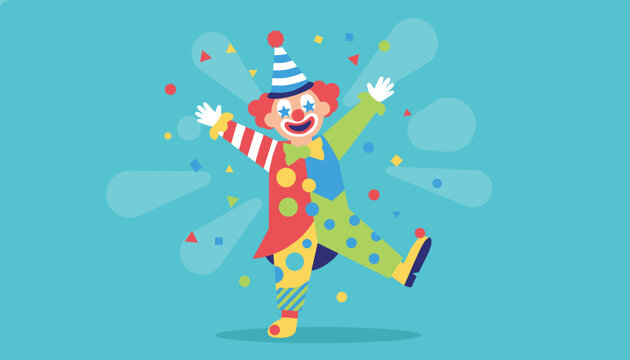 Joyful cartoon circus clown dancing and jumping happily amidst colorful confetti shapes on a blue background.