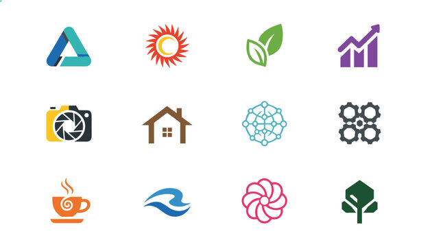 Collection of twelve minimalist vector logo templates featuring diverse business, nature, and technology icons.