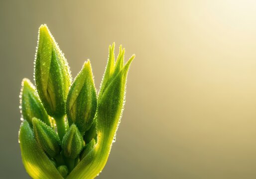 A serene close-up shot of vibrant green flower buds awakening in a sunlit garden, showcasing intricate textures and morning dew drops, spring, vitality, moisture