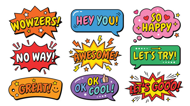 Set of colorful comic speech bubbles with various expressions and exclamations