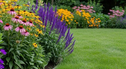 Obraz premium A vibrant flowerbed borders a lush green lawn in a peaceful backyard garden, featuring blooming perennials under soft summer sunlight, border, natural, backyard