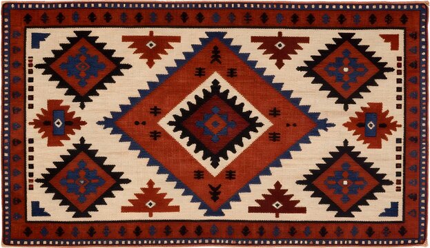 Handwoven Moroccan rug with geometric diamond patterns. Traditional Berber carpet featuring bold red, blue, and beige tribal designs.