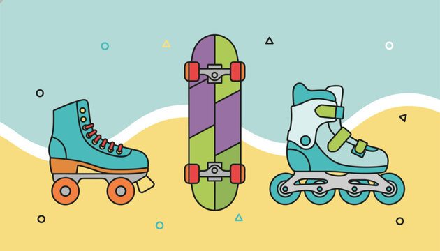 Retro style illustration of roller skates, a skateboard, and inline skates over a wavy pastel background.
