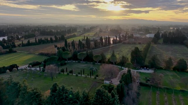 Aerial drone view of vineyards and countryside at sunrise in Provence, France