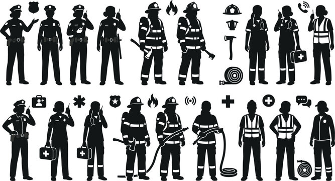 Emergency Services Silhouette Collection Featuring Police Officers Firefighters Paramedics Rescue Workers and Public Safety Vector Set