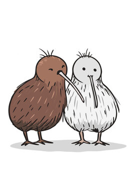 Flat vector illustration of two cute kiwi birds standing together, isolated New Zealand native animal cartoon characters