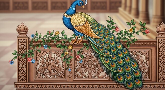 Exquisite Indian Peacock Perched on Ornate Decorative Railing.