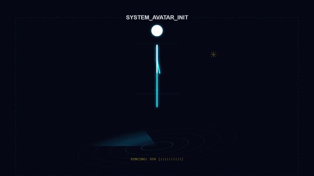 Digital neon stick figure avatar walking in futuristic cyberspace interface
