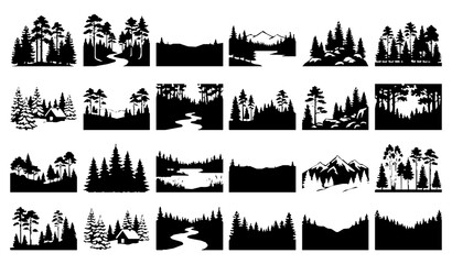 Fototapeta premium Forest silhouette scene vector collection with evergreen woodland and mountain tree landscapes