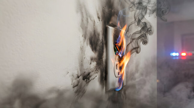 Electrical wall outlet burning with dangerous flames and thick black smoke on a white interior home apartment wall background