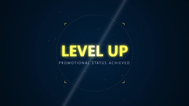 Level Up digital motion graphic with glowing text on dark background