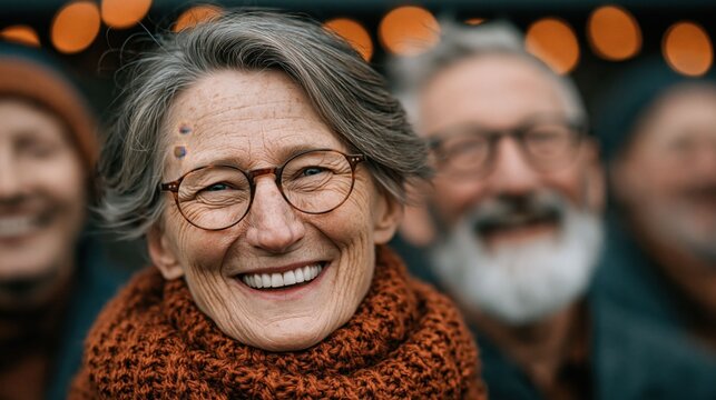 group of older adults stands together with warm clothing and smiles. They appear to be enjoying each others company in festive setting with lights in background during evening