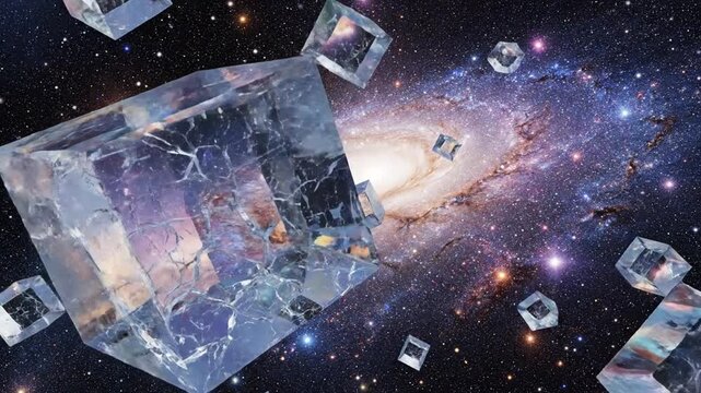 Floating crystals explode in a vibrant galaxy filled with stars.