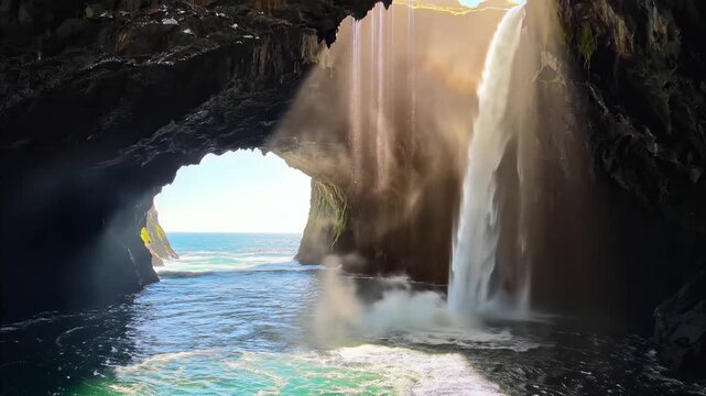 Natural sea cave with a waterfall cascading into turquoise ocean water beneath a stone archway