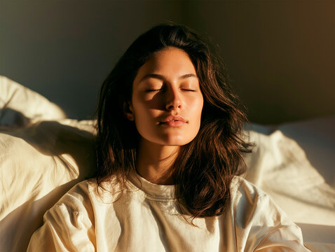 Beautiful young woman with closed eyes relaxing in warm natural morning light at home. Wellness, mindfulness, mental health and self care concept.