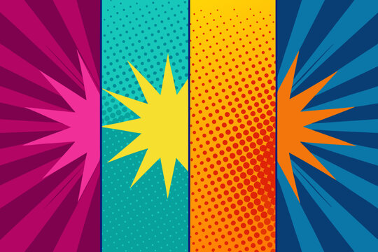 Set of four comic book style backgrounds with starburst shapes and halftone patterns