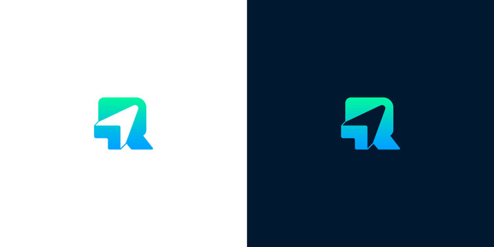 Modern minimalist logo design representing a stylized letter 'R' with an arrow icon, suitable for technology, business, or navigation brands, presented on white and dark backgrounds