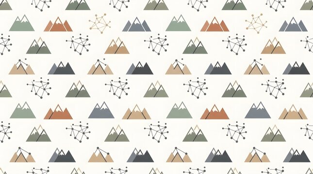 Seamless repeating pattern of minimalist geometric mountains and abstract digital line network nodes.