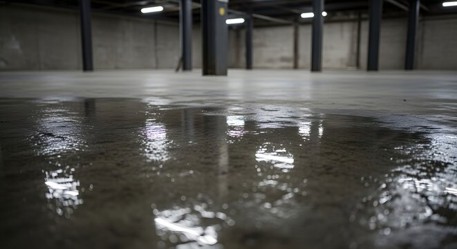 Reflective Wet Concrete Floor Surface with Water Puddles in Spacious Industrial Warehouse Building