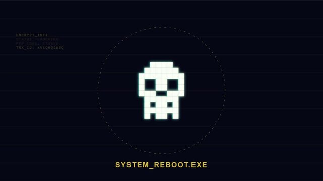 Glitchy pixel art skull icon with computer system reboot interface