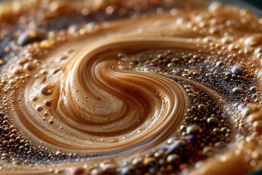close look at coffee being brewed shows swirling patterns of cream mixing with dark coffee. Bubbles form on surface while steam rises in morning kitchen