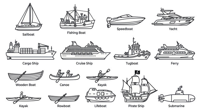 Collection of various ship and boat types line art.