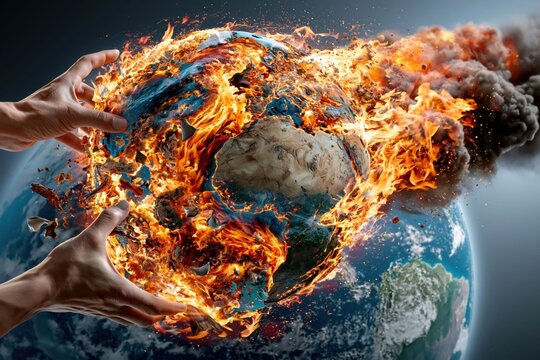 Hands reach for a globe engulfed in flames. Smoke billows in the background, showing a world facing disaster and chaos. This scene illustrates a critical moment for the planet