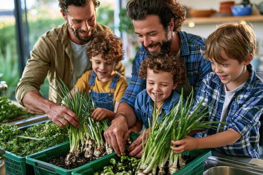group of two adults and three children are planting vegetables in containers. They smile and interact as they place green plants in soil inside a bright kitchen